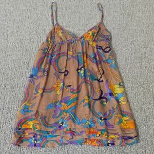 GLAM Womens S Brown Psychedelic Floral Mini Dress Y2K Fairy Grunge Boho